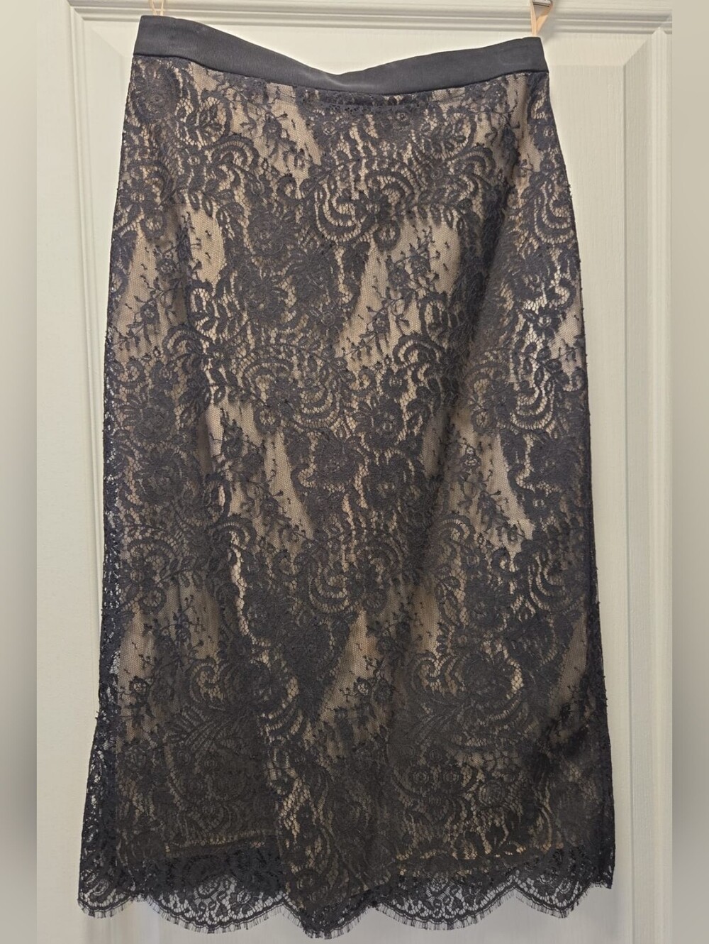 Alexander McQueen Black Lace Pencil Skirt with Nude Underlay